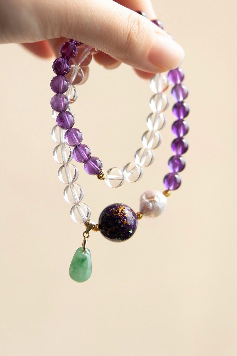 Top grade Uruguayan amethyst + pure white crystal + mother-of-pearl lacquer beads + baroque pearls + jadeite - Bracelets - Crystal 
