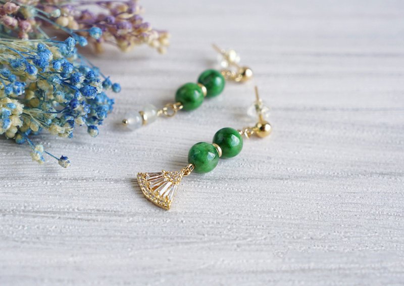 罌粟 // 天然翡翠A貨 綠翠 白翡 銅鍍金配飾 925銀鍍金 耳針 - 耳環/耳夾/耳骨夾 - 玉石 綠色