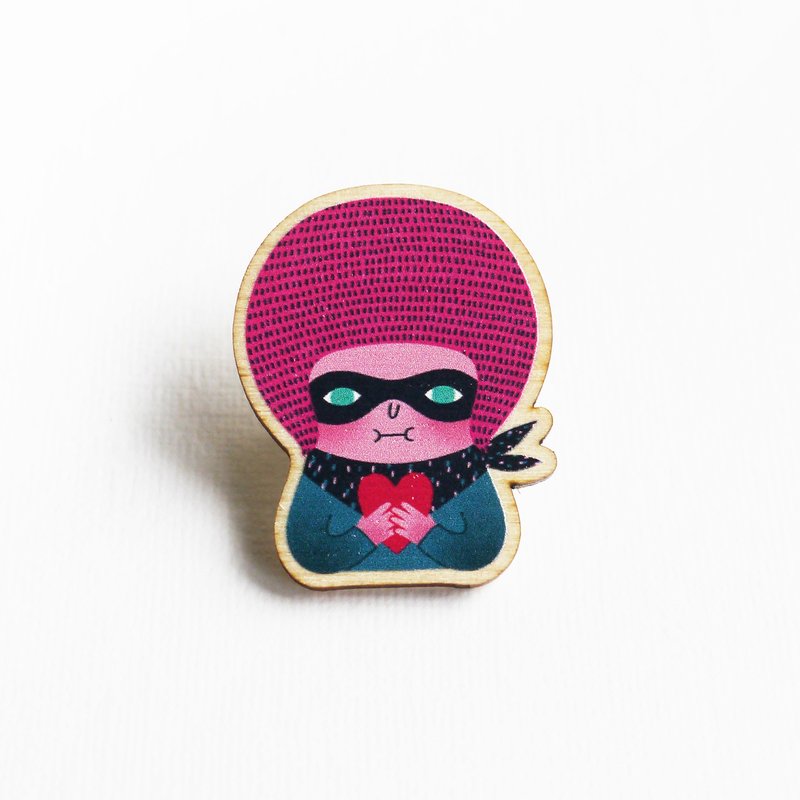 The Masked Girl Printed Wooden Pin Badges - เข็มกลัด - ไม้ สึชมพู