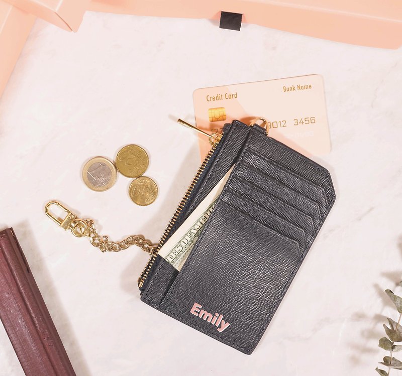 Hyyyla dark blue leather zipper change card holder [customizable English name] - Coin Purses - Genuine Leather 