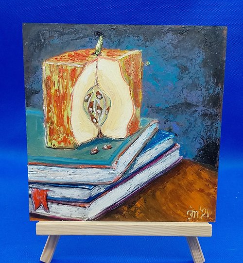 CosinessArt Abstraction Fruits. Apple. Books. Still life. Original oil painting on the wall