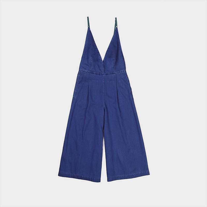 Tencel Cotton Blend Sling Wide Leg Pants - จัมพ์สูท - ผ้าฝ้าย/ผ้าลินิน สีน้ำเงิน