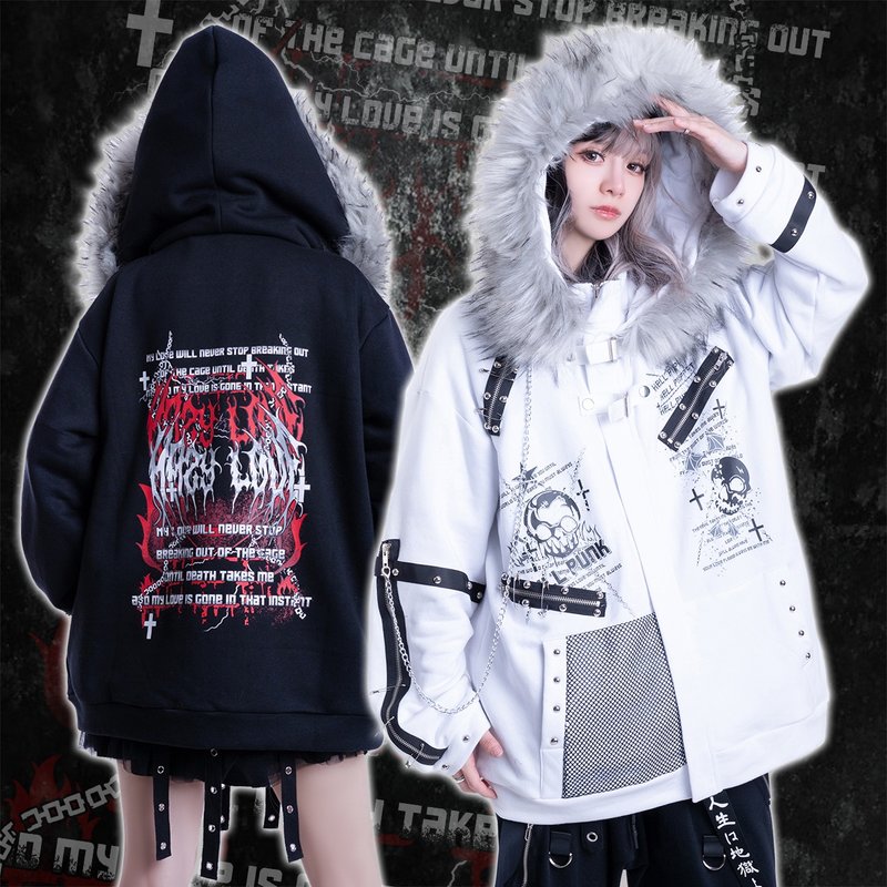 Visual kei punk rock frigid relic wing motif fur trim thermal parka coat JJ2467 - เสื้อโค้ทผู้ชาย - ผ้าฝ้าย/ผ้าลินิน 