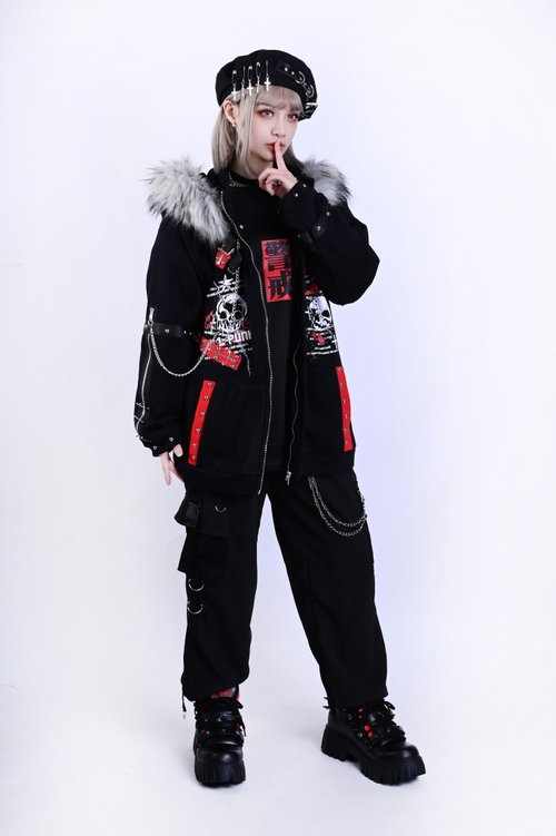 希少VkeiJackrosecoatingleatherhoodiejacket Visual kei punk rock frigid relic wing motif fur trim