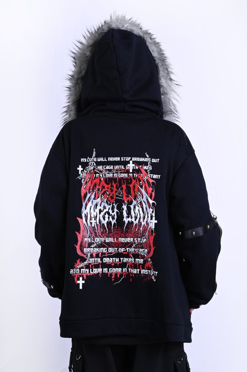 希少VkeiJackrosecoatingleatherhoodiejacket Visual kei punk rock frigid relic wing motif fur trim