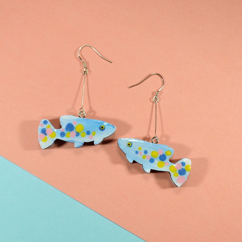 I am a fish blue illusion wave dot fish kissing fish long earrings earrings hand-painted wooden - Earrings & Clip-ons - Wood Blue