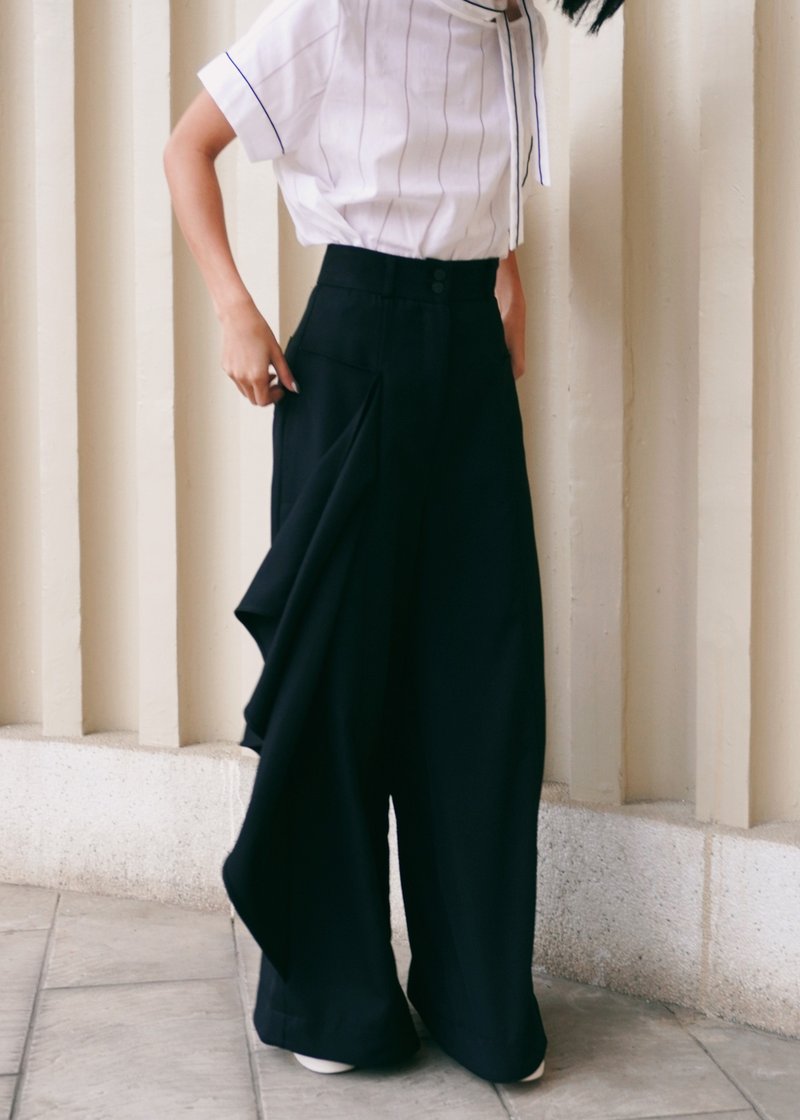 Drape wavy long wide pants/black - Women's Pants - Polyester Black