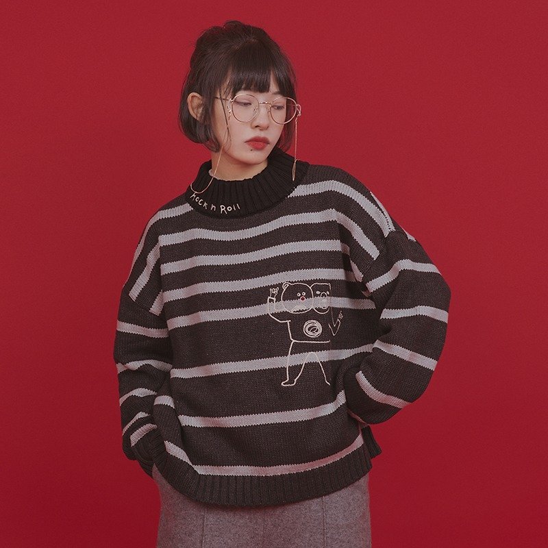 odd maker "rock & roll" embroidered bear striped sweater - Women's Sweaters - Cotton & Hemp 