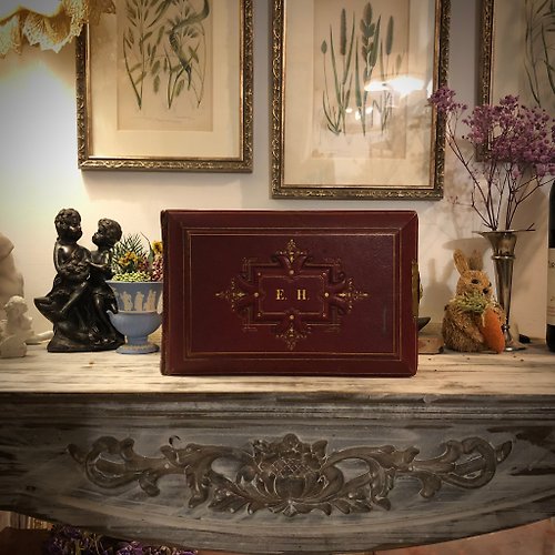CT歐美老件古董雜貨舖 法國Napoléon III時期帝政風格玫瑰紅訂制紋飾古董相冊