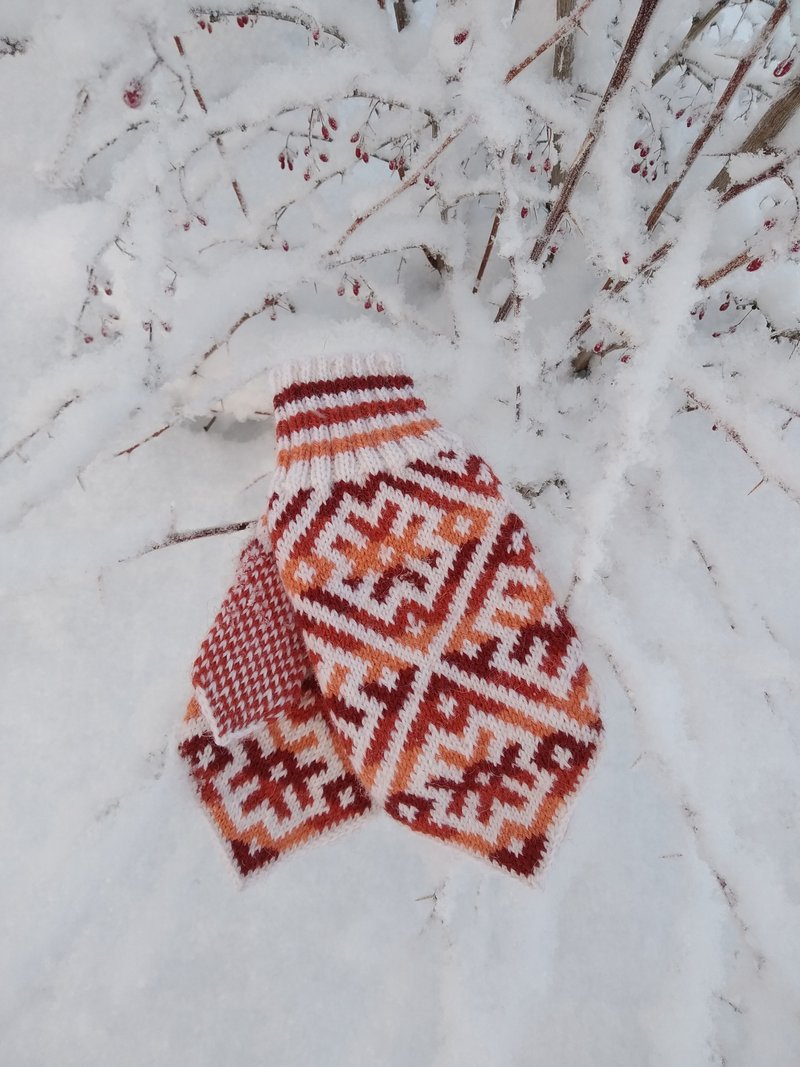 Women's hand-knitted wool mittens are very warm with a pattern - 手套 - 羊毛 橘色