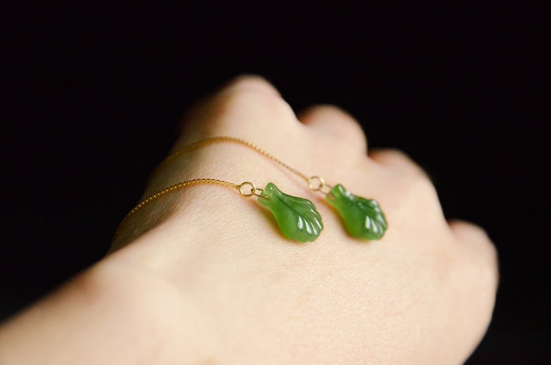 [Permanent] Natural Jasper Carving Ginkgo Leaf Earrings - Earrings & Clip-ons - Jade Green