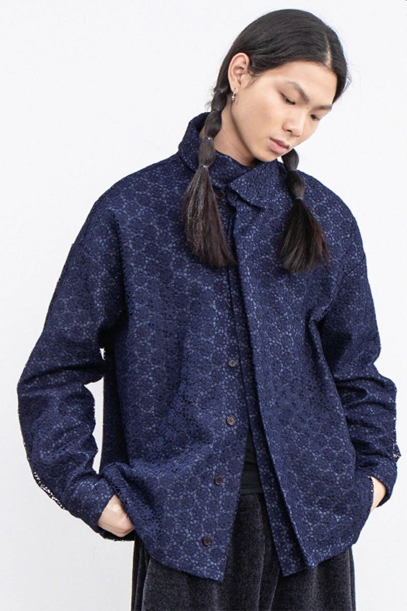 Lace-Embroidered Jacket Lace-Embellished Shirt Jacket Genderless - Men's Coats & Jackets - Cotton & Hemp Blue