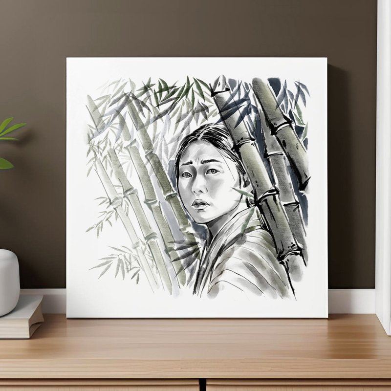 Black and White Sumi-e Art with Woman and Bamboos Canvas Print for Living Room - ตกแต่งผนัง - กระดาษ ขาว