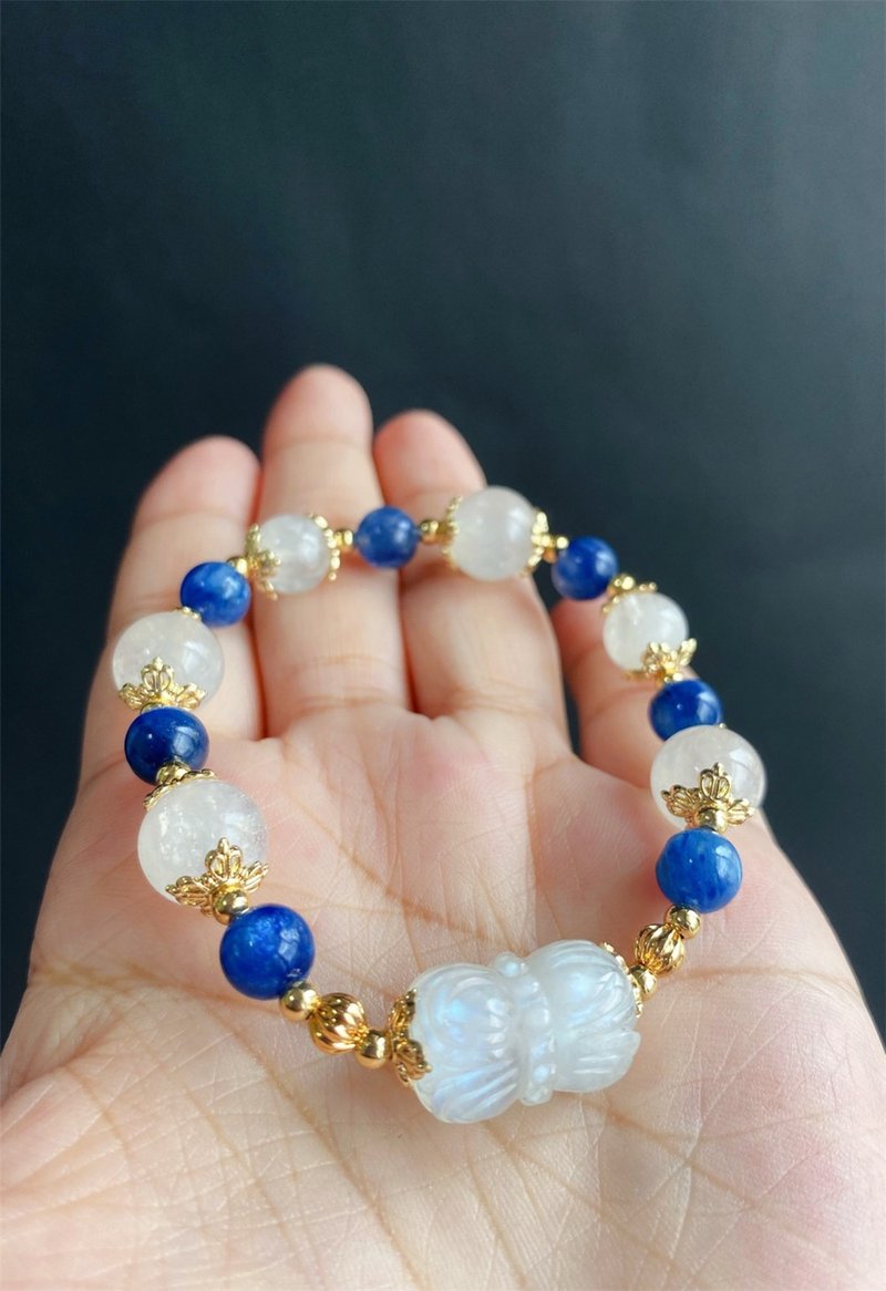 【售出】並蒂蓮 月光石  藍晶石 天然石 客製化 禮物 閨蜜 舒緩 - 手鍊/手環 - 水晶 藍色