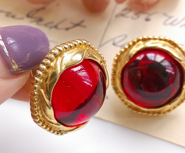 Vintage Red Glass Stone Pin and Earrings