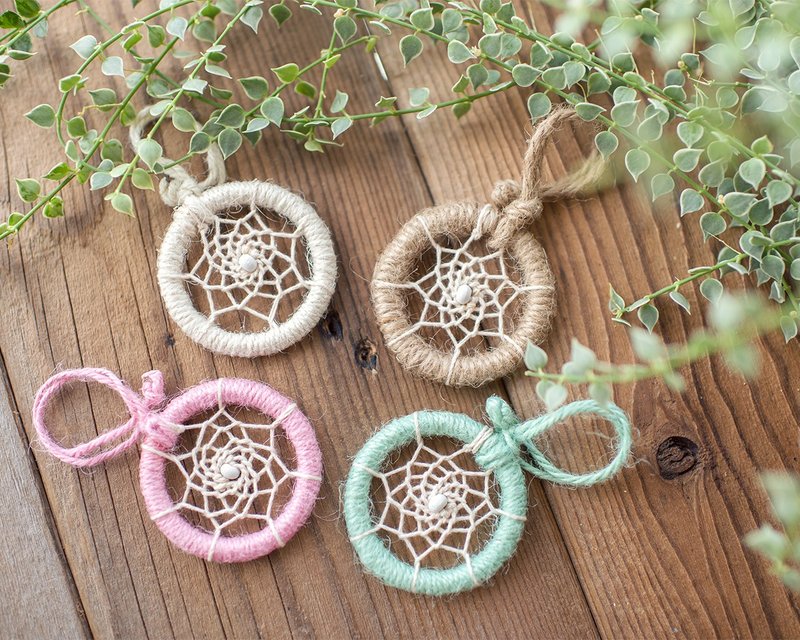 麻繩 淺色系 - 迷你捕夢網成品 - 包包吊飾  交換禮物 - 吊飾/掛飾 - 其他材質 