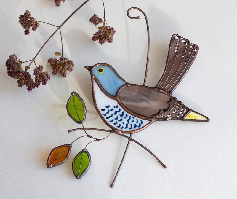 彩色玻璃鳥杜鵑。 垂陽捕手是春鳥。 - 壁貼/牆壁裝飾 - 玻璃 灰色