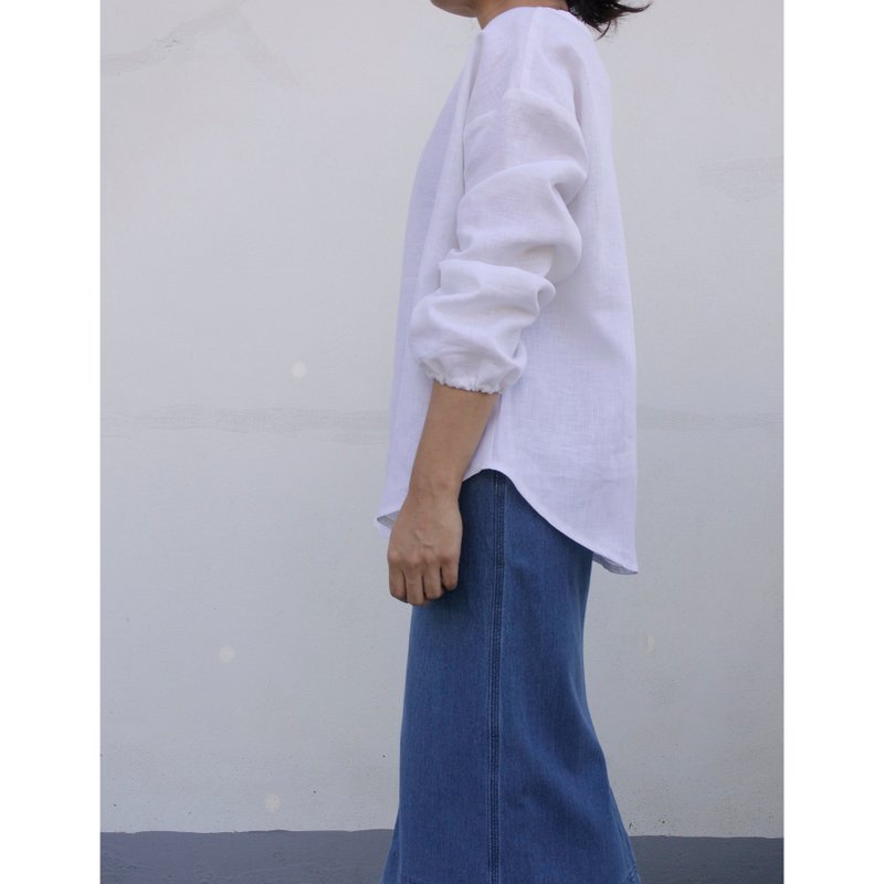 Linen | Round neck shirt, cuffed sleeves, white - 女上衣/長袖上衣 - 棉．麻 白色