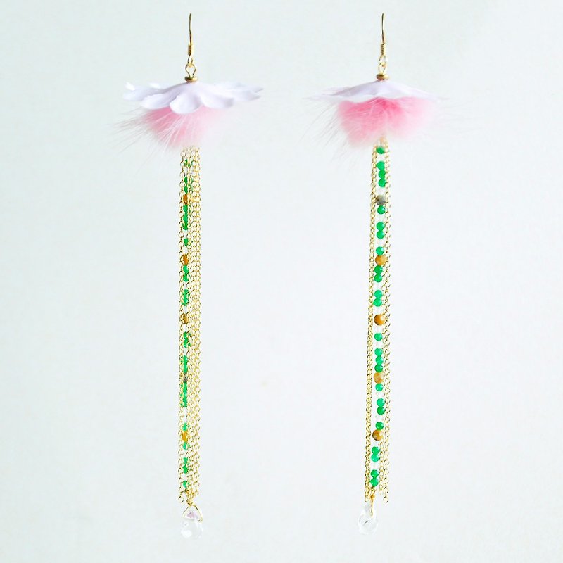 Yuanzi - Perfume Acacia Crystal Jade Tassel Ear Hook - Earrings & Clip-ons - Gemstone Pink