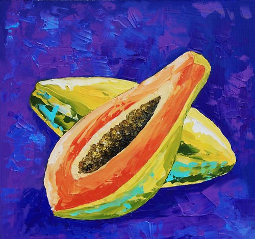 ARTbyAnnaSt Papaya Painting Fruit Still Life Original Art Exotic Wall Art Kitchen Artwork