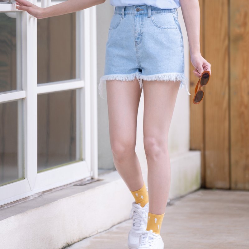 POP DENIM SHORTS∣Straight Cut Bare Edge‧ Slim Comfy ‧ Mid-Rise Half-Elastic - กางเกงขาสั้น - ผ้าฝ้าย/ผ้าลินิน 