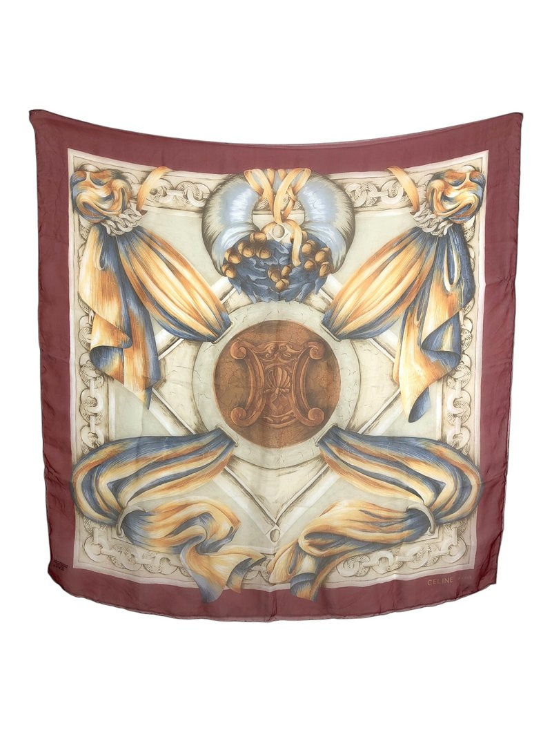 【 日本直送　名牌中古包 】CELINE セリーヌ スカーフ レッド　ベージュ ブラゾン シルク vintage ヴィンテージ オールド cib8b5 - 絲巾 - 絲．絹 紅色