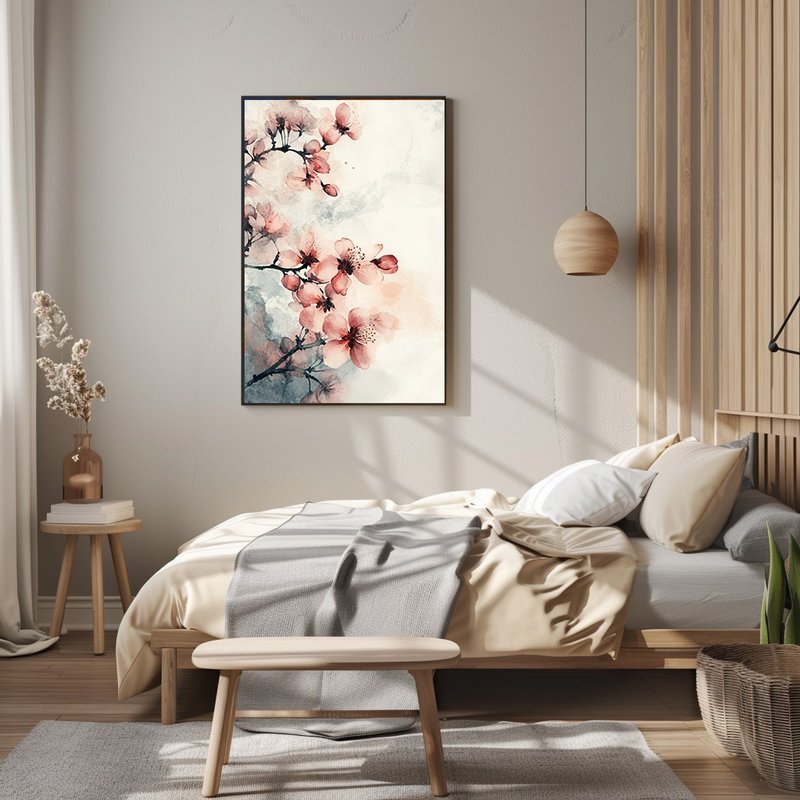 Sakura color rhyme Oriental ink pink cherry blossom artistic conception living room bedroom decoration Japanese art giclee hanging painting - โปสเตอร์ - ผ้าฝ้าย/ผ้าลินิน 