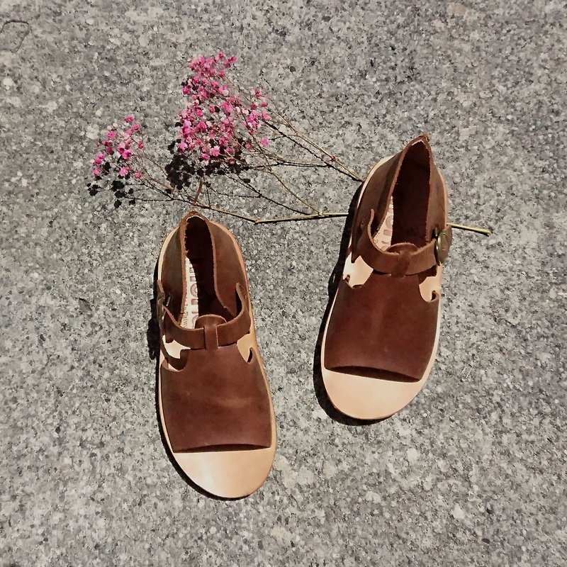 Textured sandals Wenqing afternoon tea party Crazy horse leather vegetable tanned leather cowhide leather shoes handmade shoes coffee - Sandals - Genuine Leather Brown
