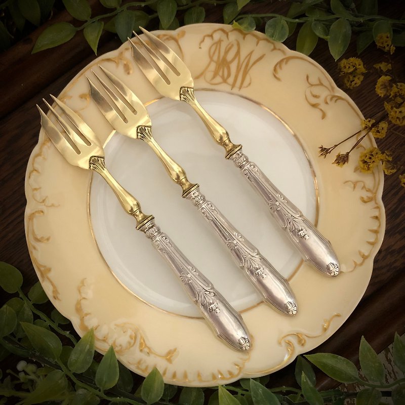 French Art Nouveau period floral line striped Silver handle Bronze cake fork - Cutlery & Flatware - Sterling Silver Pink