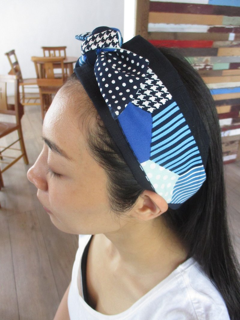 Double headband (elastic/tie)-dark blue/piece - เครื่องประดับผม - ผ้าฝ้าย/ผ้าลินิน สีน้ำเงิน