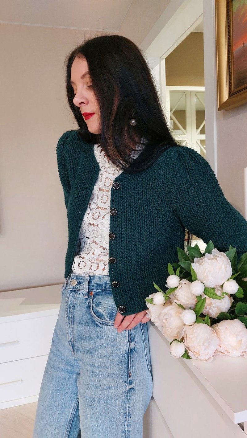 Cropped jacket Green sweater Knit cardigan - 女毛衣/針織衫 - 羊毛 