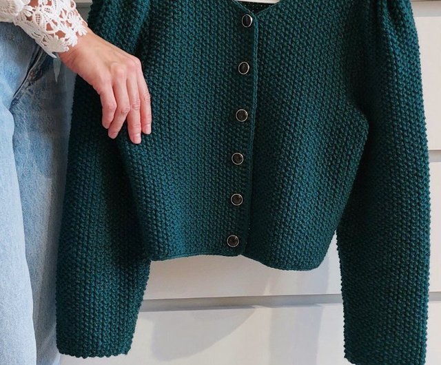 Green sweater jacket Cable sweater Wool short jacket Knit cardigan