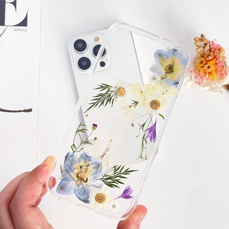 Light Blue Garden Pressed Flower Phone Case for iPhone 16 Pro Max SamsungS25 A35 - Phone Cases - Plants & Flowers 