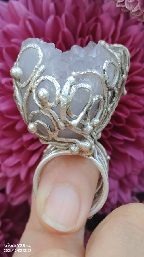 寶藏石光 / Light of Treasure Stone 藍紋瑪瑙手工銀戒 純銀戒指~ ** 旦 **~ Druzy Agate Silver Ring
