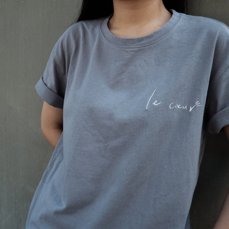 le cœur/blue gray/cotton and linen short sleeve top - Women's T-Shirts - Cotton & Hemp Blue