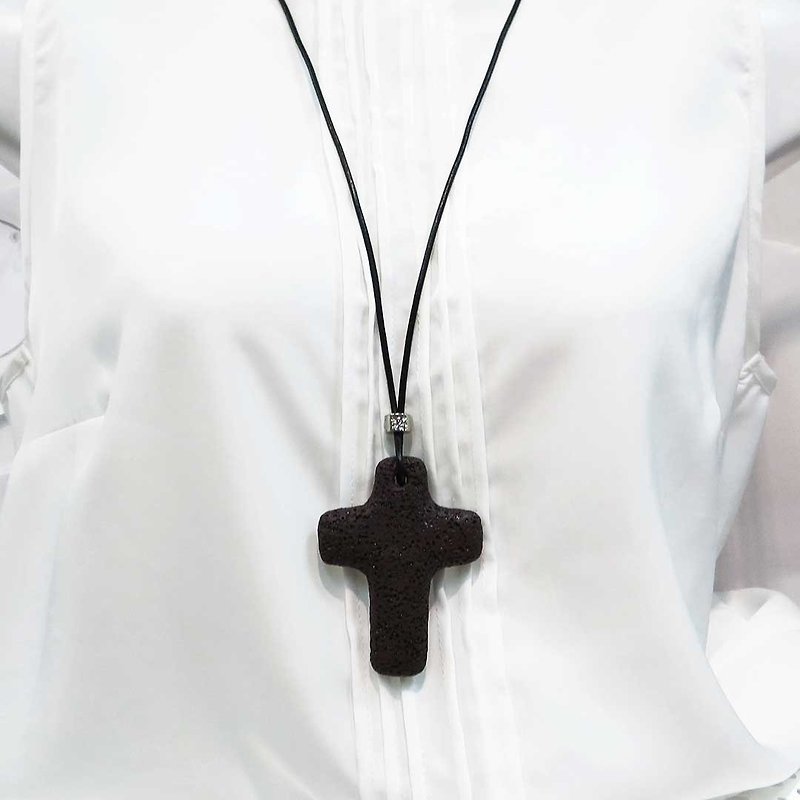 Diffuser Necklace Large Cross Brown Lava Stone Pendant Cowhide Leather Cord - สร้อยคอยาว - หนังแท้ สีนำ้ตาล