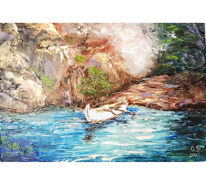 Coast Painting Boat Original Artwork 25x35 cm/ 10x14 inch by Oksana Stepanova - 掛牆畫/海報 - 棉．麻 多色