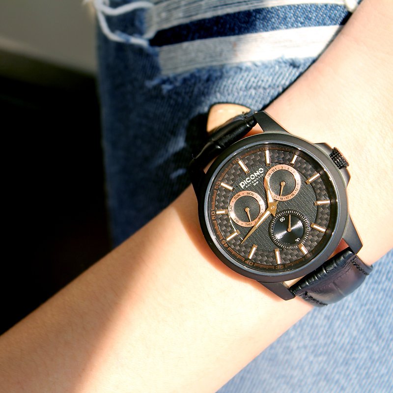 【PICONO】紳士多功能碳纖維系列手錶-霧黑 / ST-2404 - 女錶 - 其他金屬 黑色