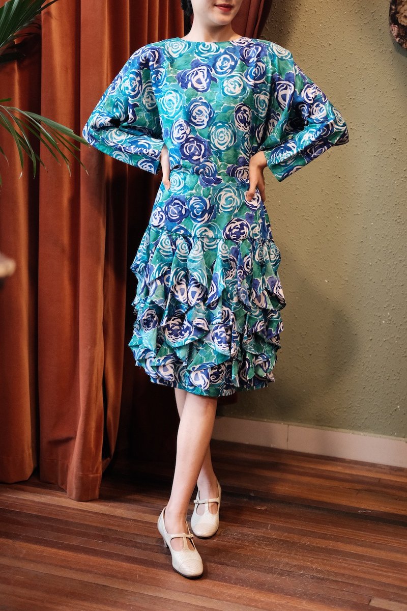 Vintage dress dolman sleeve printed dress vintage dress - ชุดเดรส - ผ้าฝ้าย/ผ้าลินิน 