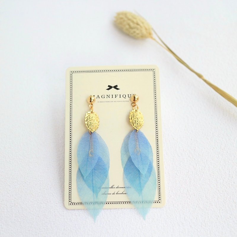 Multilayer Dream organza Silk Yarn Leaves Blue Dangle Earrings Drop Earrings - Earrings & Clip-ons - Silk Blue