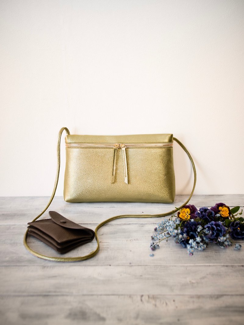 Gold Leather Horizontal Type Genuine Italian Leather shoulder - Messenger Bags & Sling Bags - Genuine Leather 