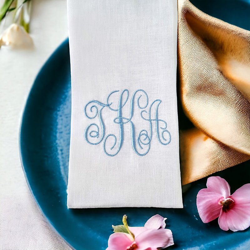 Custom monogram embroidered linen cloth dinner napkins set/ Personalized gift - 餐桌布/餐墊 - 亞麻 白色
