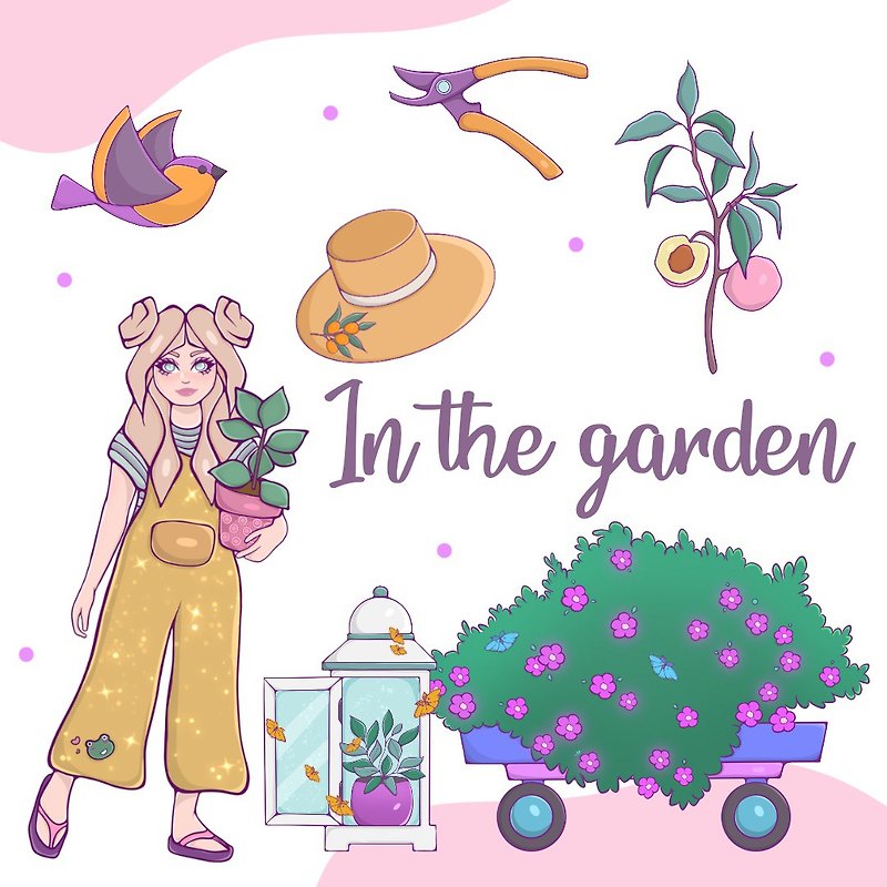In The Garden Clipart, Garden PNG, Garden Illustrations, Farmer Girl - Digital Portraits, Paintings & Illustrations - Other Materials 