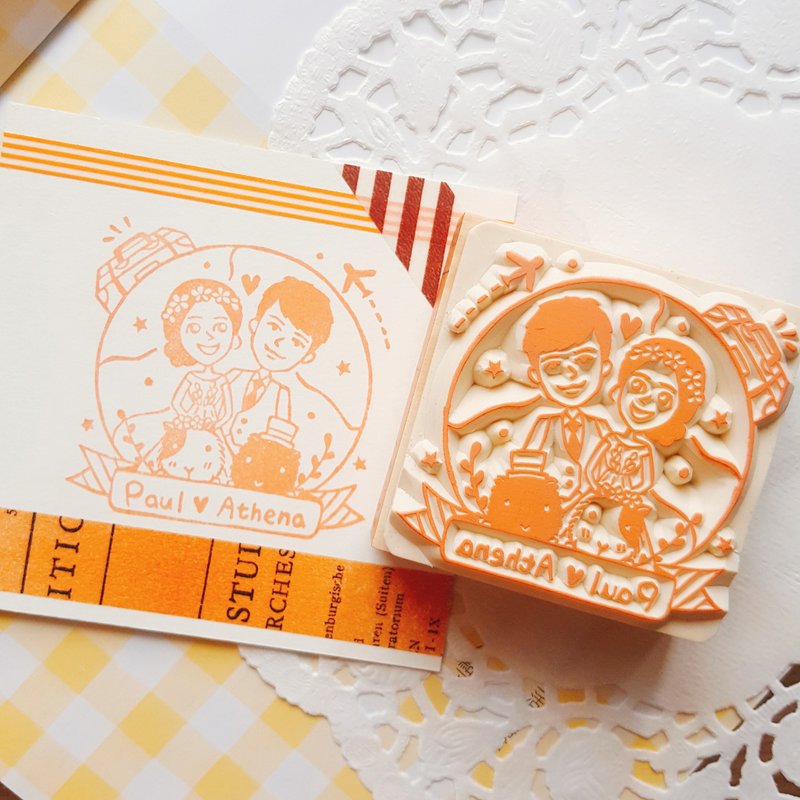 手工橡皮章－陪你一起去旅行婚禮章 6X6cm - 喜帖 - 橡膠 橘色