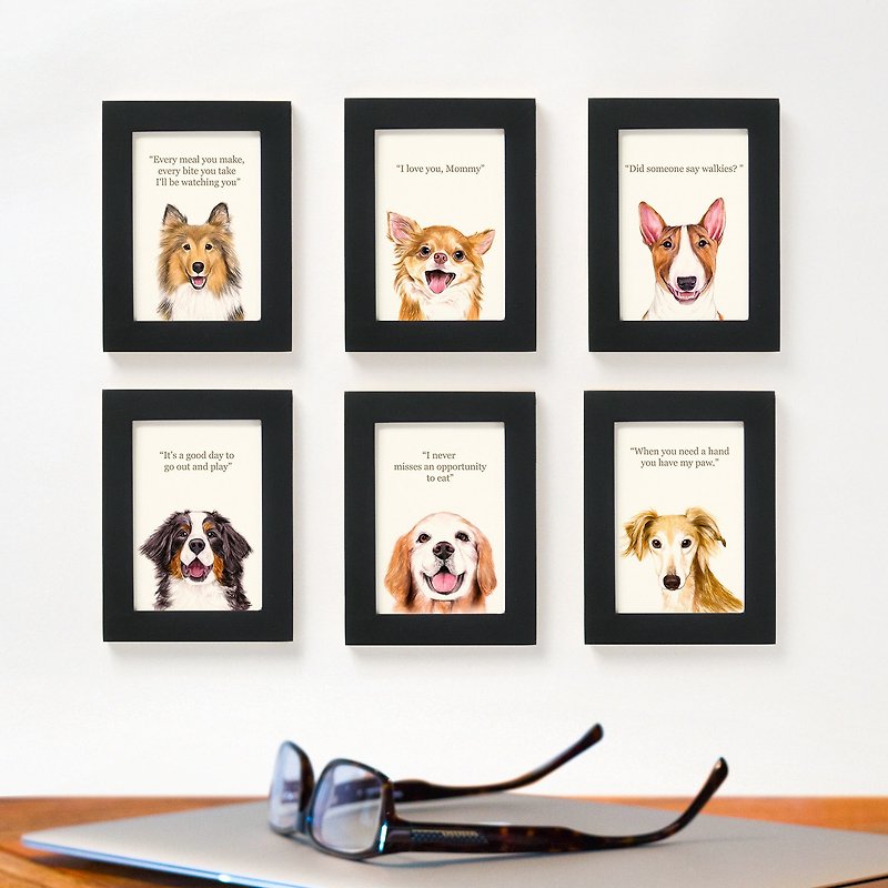 犬の肖像画、寝室とダイニングルームの絵画、ペットの水彩画の複製絵画、6つの装飾画 - ポスター・絵 - 紙 多色