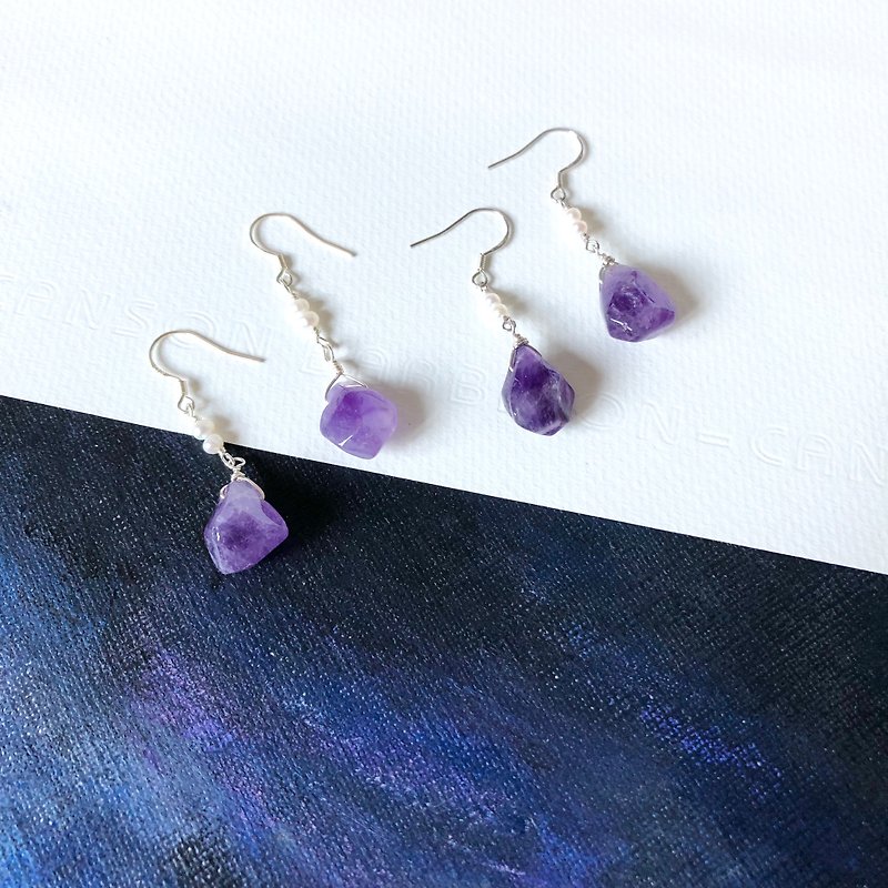 福利品925純銀紫水晶珍珠耳環不規則形 - 耳環/耳夾 - 寶石 紫色