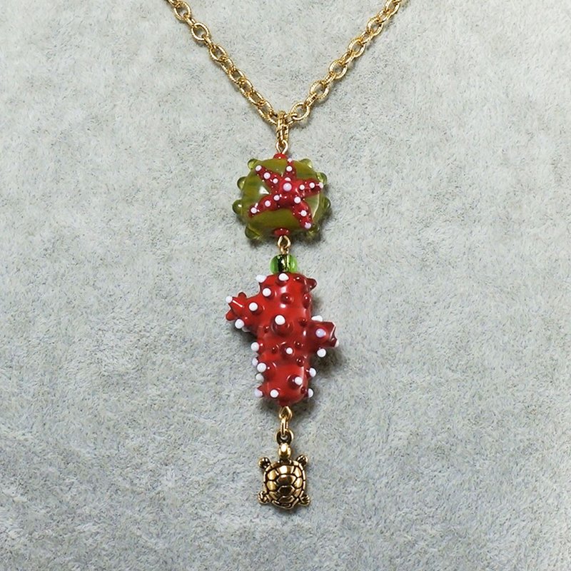 Red Green Lampwork Murano Glass Coral Starfish Sea Star Turtle Necklace Jewelry - 項鍊 - 玻璃 紅色