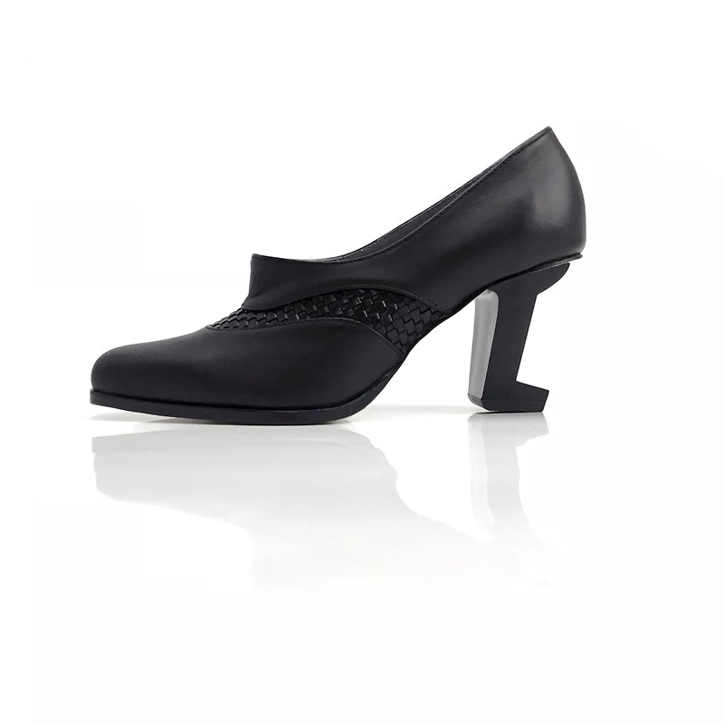 Stream (black woven calf leather handmade leather shoes) - High Heels - Genuine Leather Black