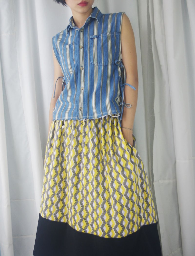 Restyle - Vintage Renovation - Striped Denim Shirt Side Strap - Women's Shirts - Cotton & Hemp Blue