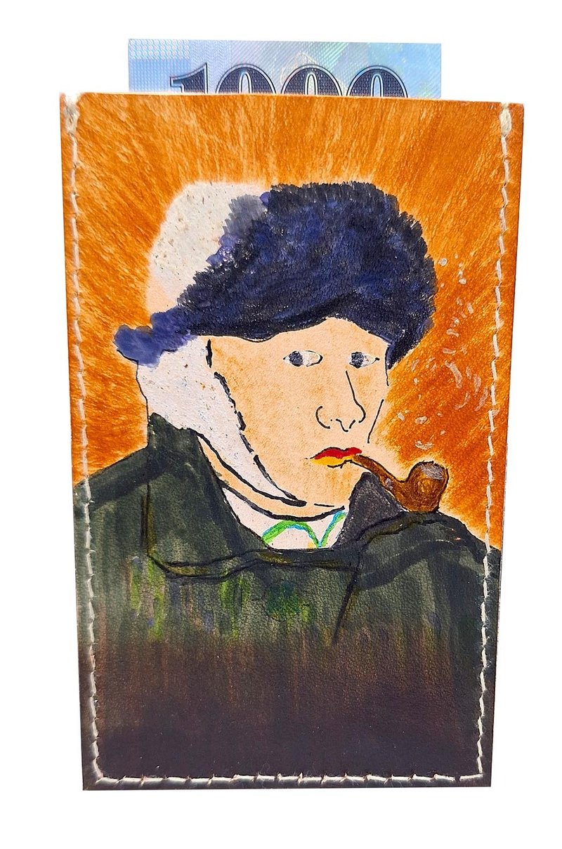 Leather money pouch-Self-portrait by Van Gogh - ที่ใส่บัตรคล้องคอ - หนังแท้ สีกากี